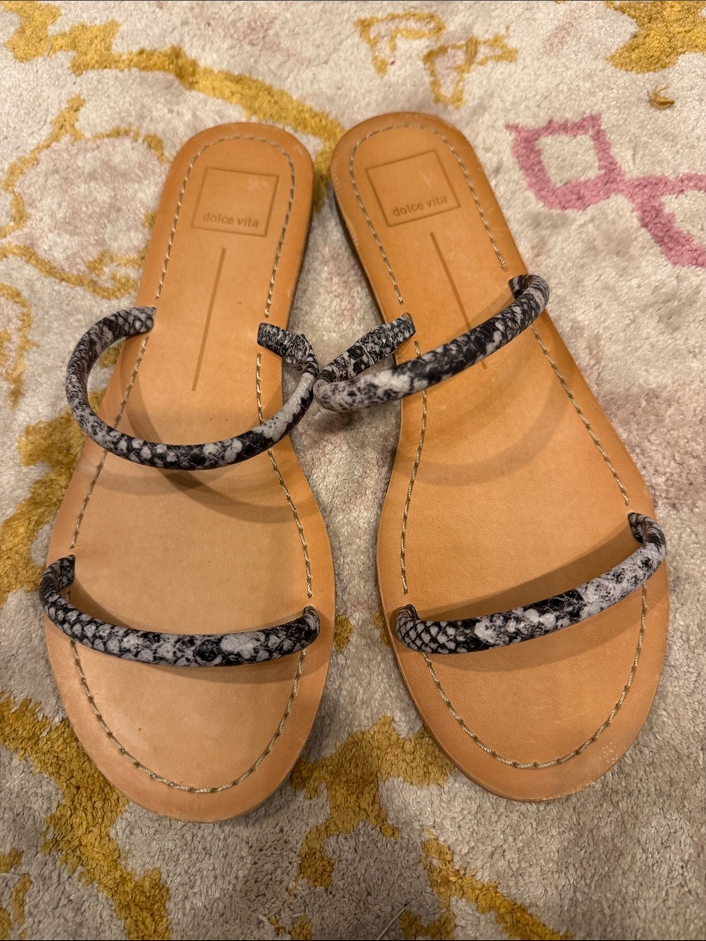 Dolce Vita Tan Footbed Sandals with Black & White Snake-Print Straps